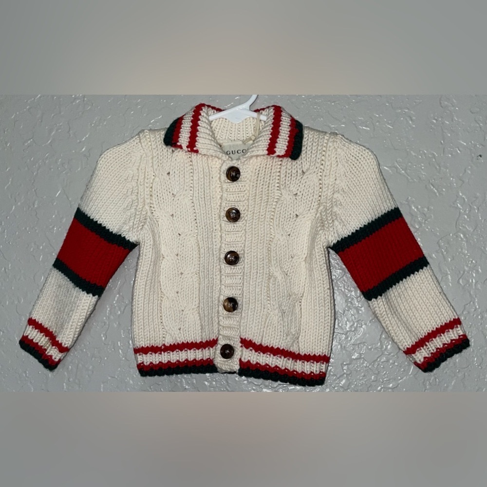 GUCCI JACKET CARDIGAN SWEATER CABLE KNIT BABY  3-6 MONTHS WEB STRIPE GIRL BOY